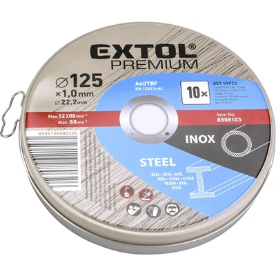 Extol Premium vágókorong 10 db, acélhoz/inoxhoz, kék; 125×1×22,2mm, max 12200 ford/perc, fémdobozban (8808103)