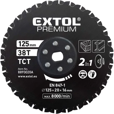 Extol fűrészlap, keményfémlapkás 125×20×16mm, 38T, 2az1ben Twin Blade rendszer, 8893020A