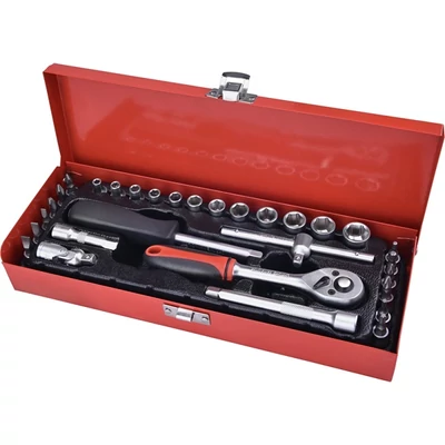 Extol Premium dugókulcs klt., CV., racsnis 45fog ; 1/4" 30db, normál (4-14mm) dugófejek, bitdugófej (-, +, imbusz, torx), fém doboz, 8818361