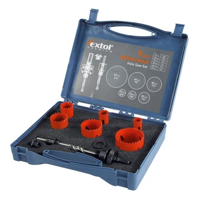 Extol Premium körkivágó klt., HSS Bi-metál, 9db-os, (19-22-29-38-44-57mm) műanyag,fa,gipszkarton,ALU,réz,vas, acél, rozsdamentesacél, 8801602