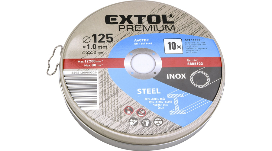 Extol Premium vágókorong 10 db, acélhoz/inoxhoz, kék; 125×1×22,2mm, max 12200 ford/perc, fémdobozban (8808103)