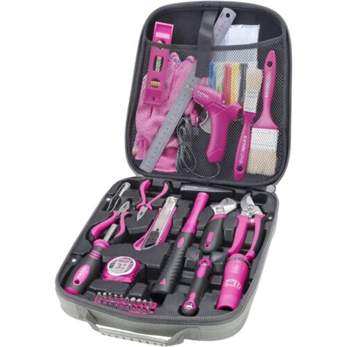 Extol Craft szerszámkészlet, 63db; Extol Lady, rózsaszín, fogó, csavarhúzók, kalapács, BIT-ek, melegragasztó pisztoly, LED-lámpa, 6593